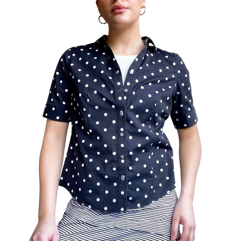 Talbots Maximalist Preppy Black & White Polka Dot Tailored Button Up Blouse